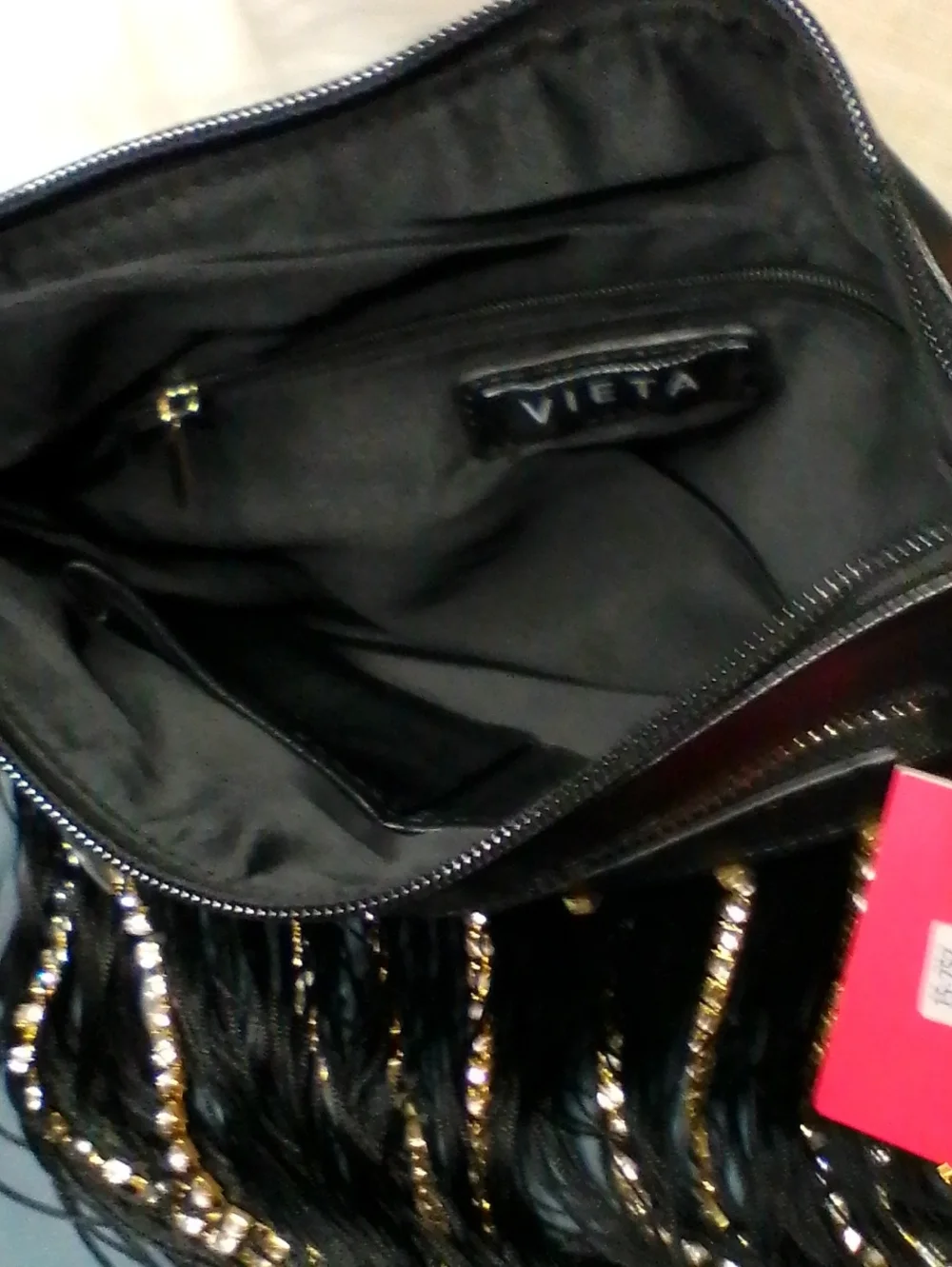 VETTA Black Fringe Crossbody with Gold Rhinestone Strips